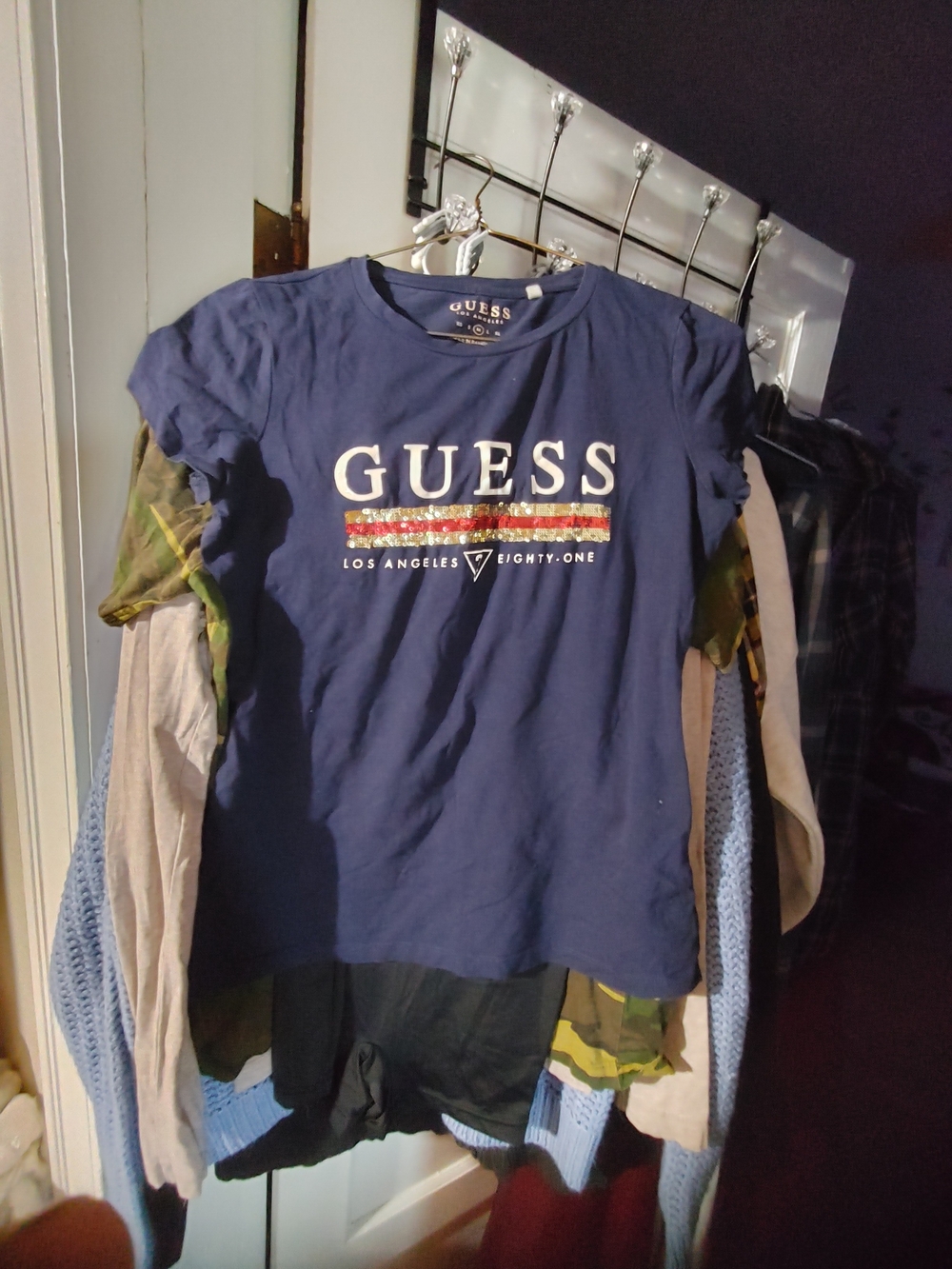 Guess Men's Navy T-Shirt with Red & White Striped Logo